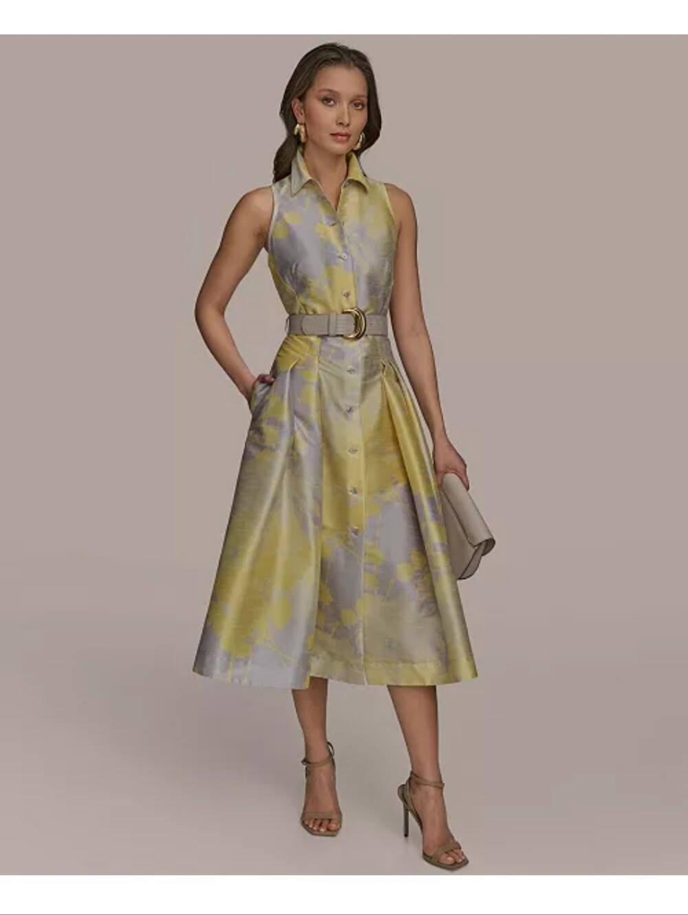 Donna Karan New York Yellow Floral Belted Sleeveless Midi Dress Sz 4 NWT Luxury